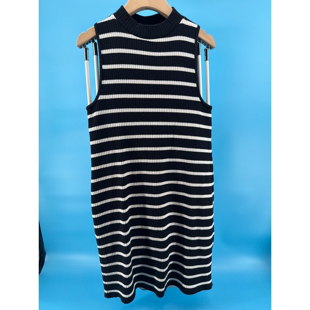 Old Navy Womens Black White Striped Ribbed Mock Neck Sleeveless Sweater Dress L